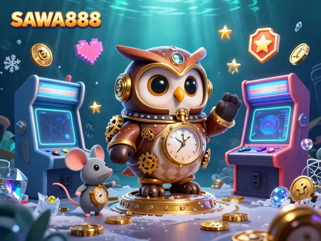 Experience the SAWA888 adventure with a lively casino scene featuring an owl and mouse.
