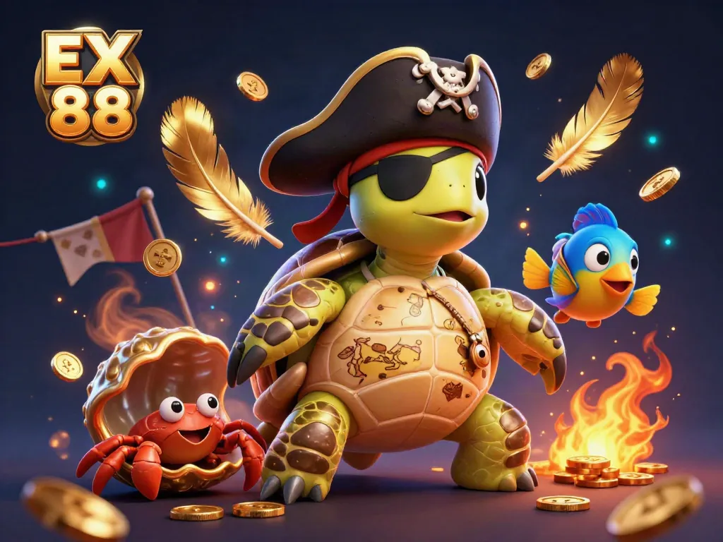Engage in EX 88 casino action with a pirate turtle and treasures in this dynamic 3D scene.