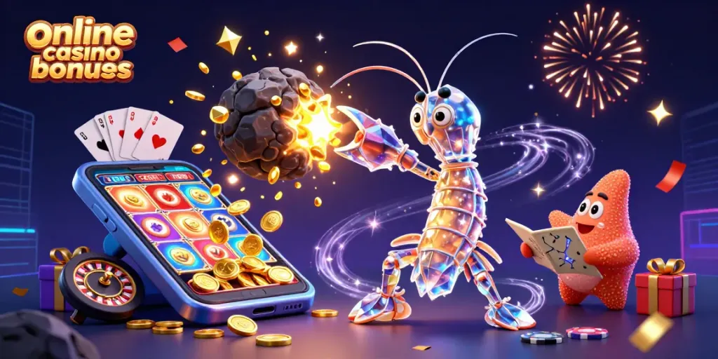 Engage with online casino bonuses illustrated by a vibrant, dynamic 3D scene featuring unique gaming elements.