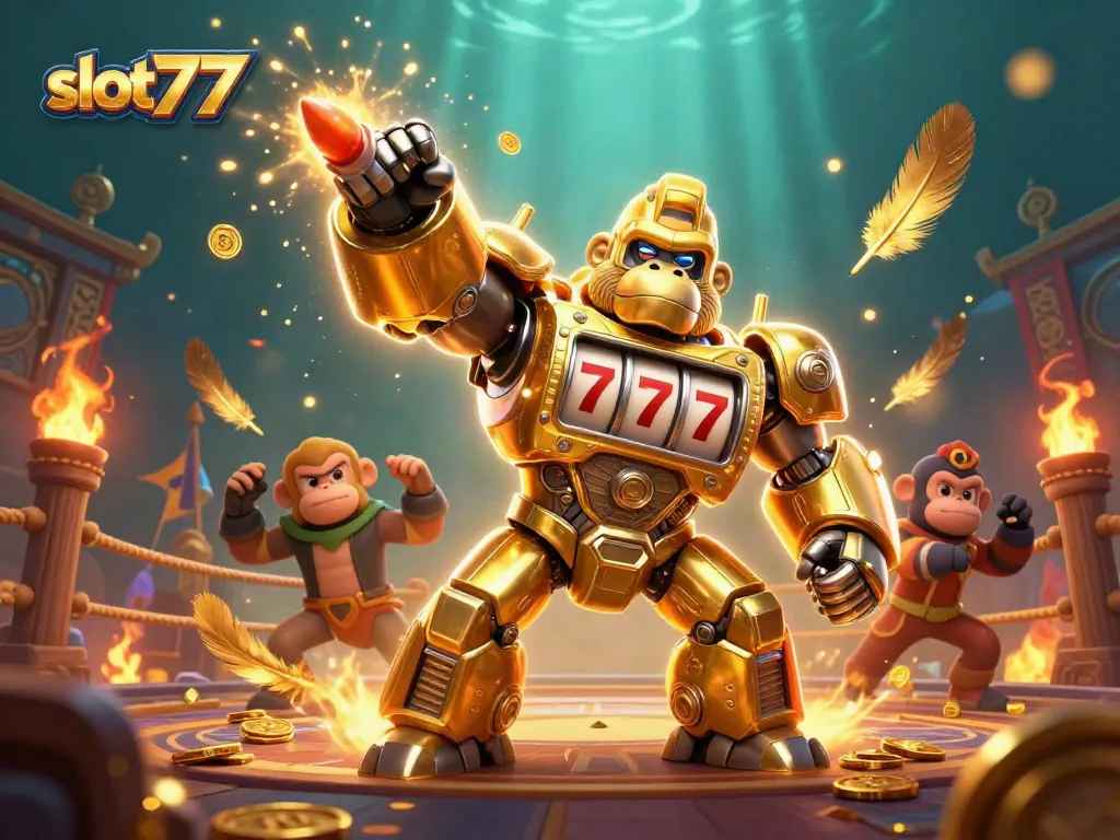 Win big with slot777 as the golden gorilla mech unleashes thrilling action in a vibrant casino scene.