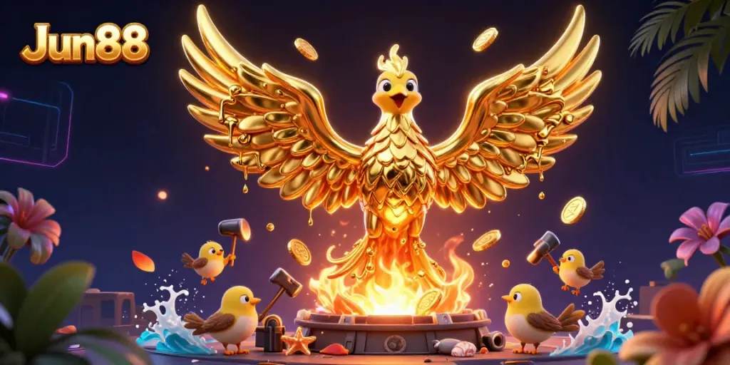Experience high-stakes action at Jun88 featuring a phoenix and vibrant casino elements