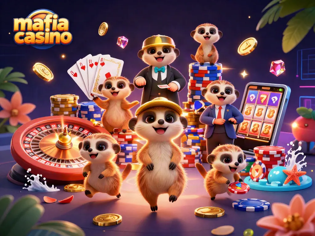 Mafia casino visualizes fun and excitement with meerkats in an engaging casino operation scene filled with gold coins and vibrant game elements.