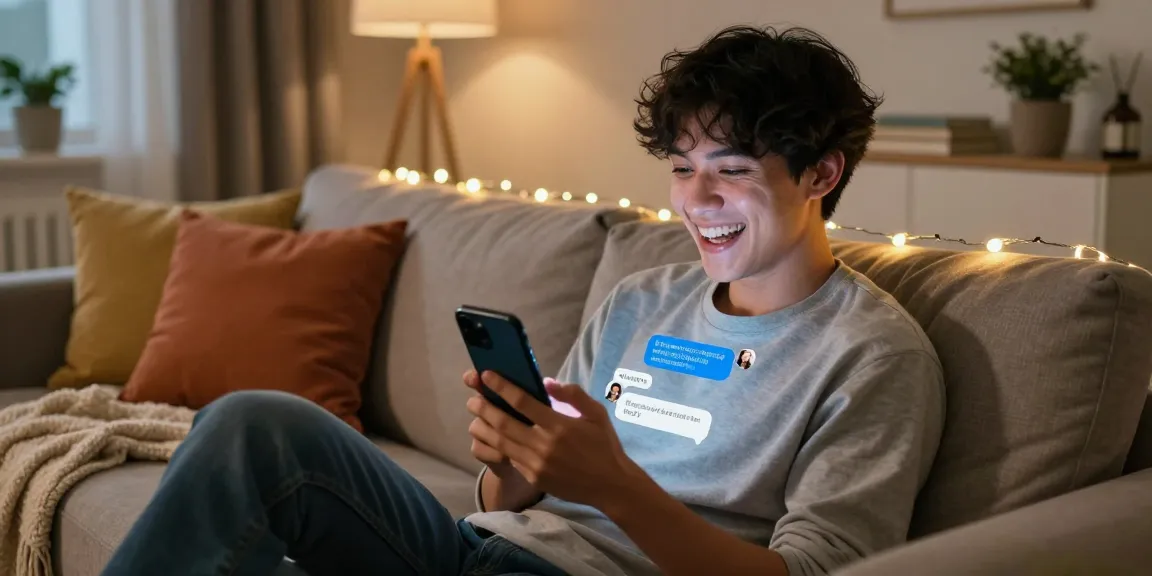 Young adult enjoying engaging conversation with sex AI on smartphone in cozy home environment