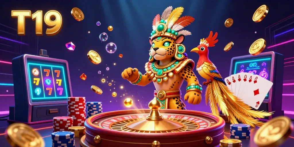 Experience T19's vibrant online gaming world with cascading coins, glowing cards, and royal poker themes.