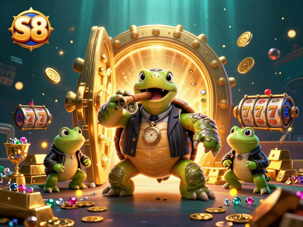 S8 casino legends come alive with a massive turtle mobster and bullfrog enforcers amidst gold treasures.