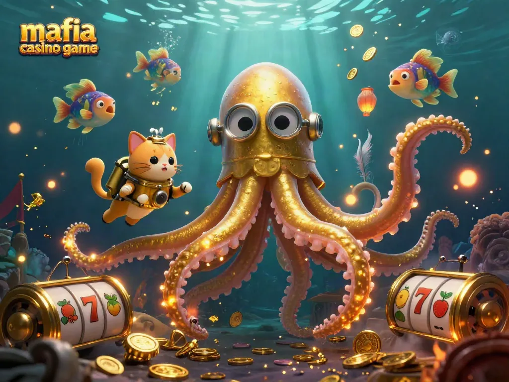 Engage with the thrilling mafia casino game, featuring a colossal kraken, a diving cat, and vibrant slots.