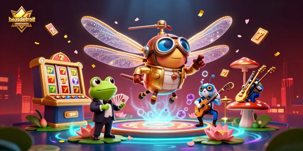 Engage with beasdetroit's vibrant casino scene, featuring a lively dragonfly pilot and a frog dealer.