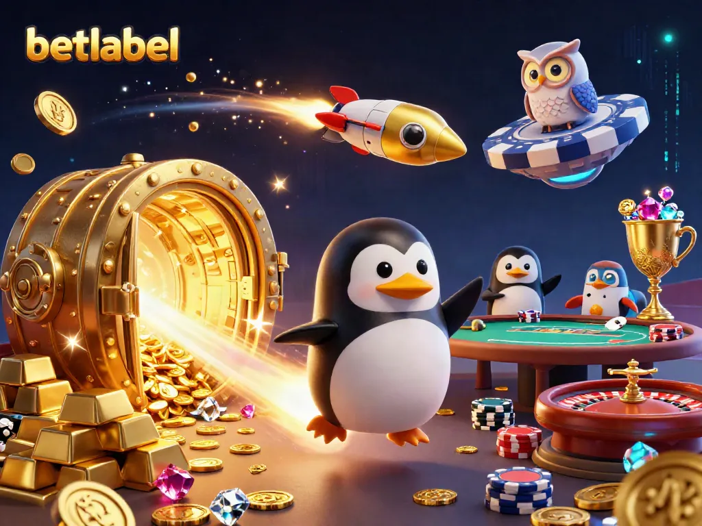 Engage with betlabel's thrilling casino experience featuring a rocket-powered penguin and treasure elements.