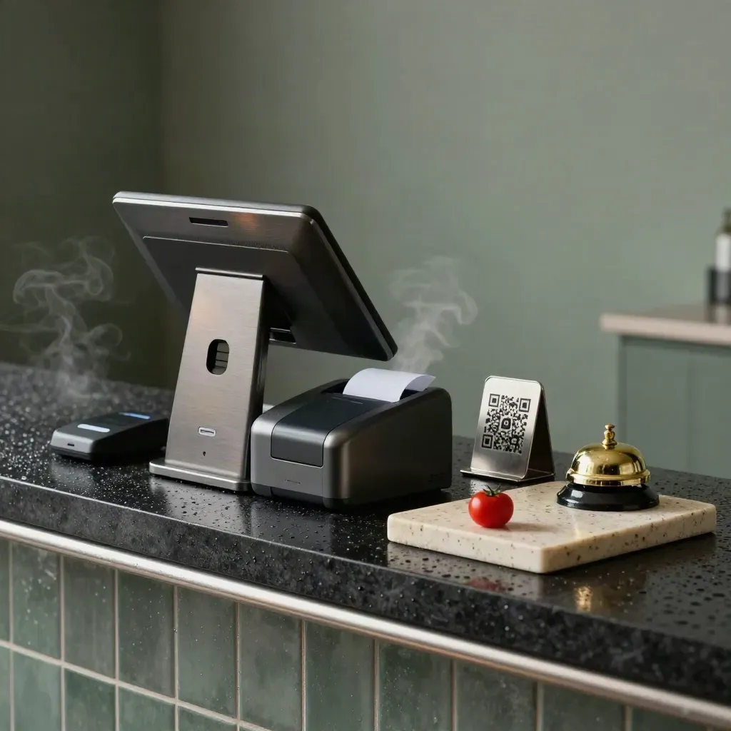 Terminale POS, stampante, lettore NFC e campanello su travertino, con vapore e luce dell'alba.