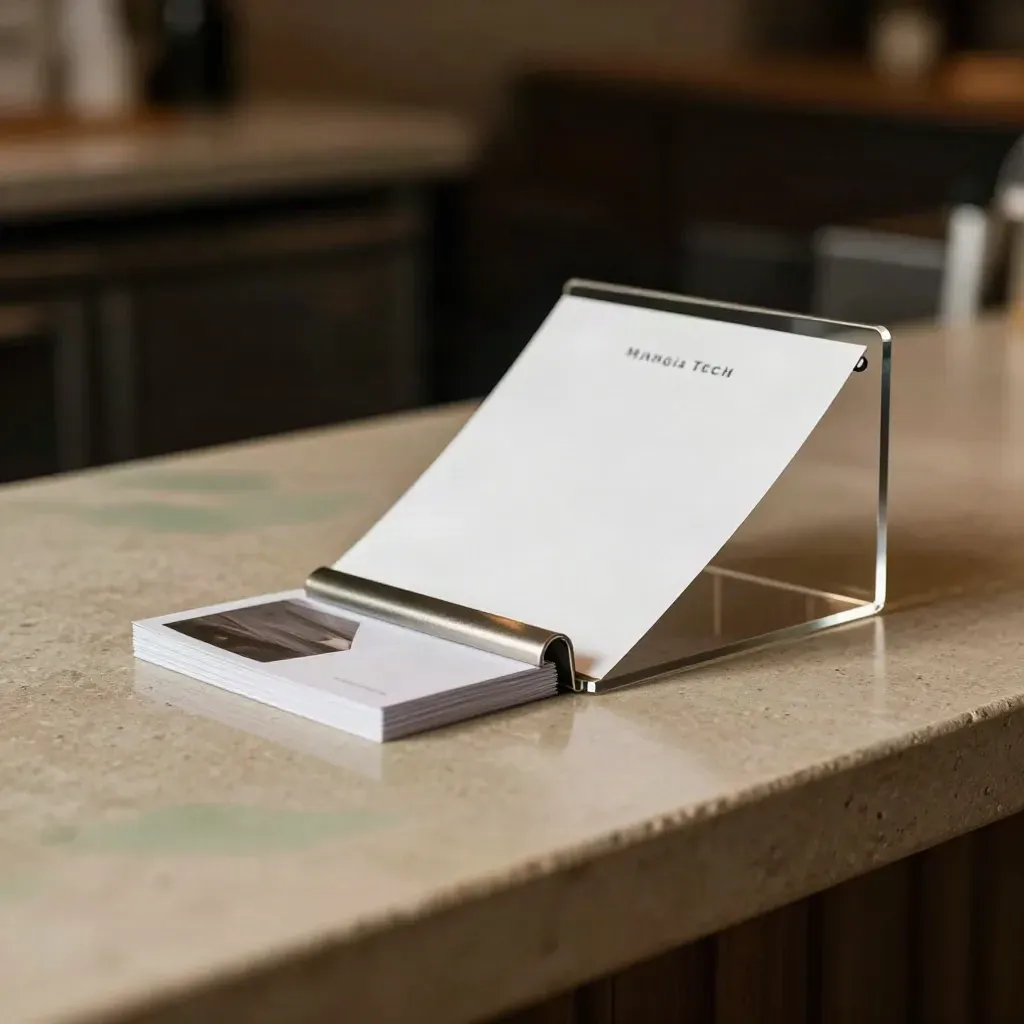Porta-menu trasparente con inserti bianchi e clip metallica su banco scuro, luce calda.