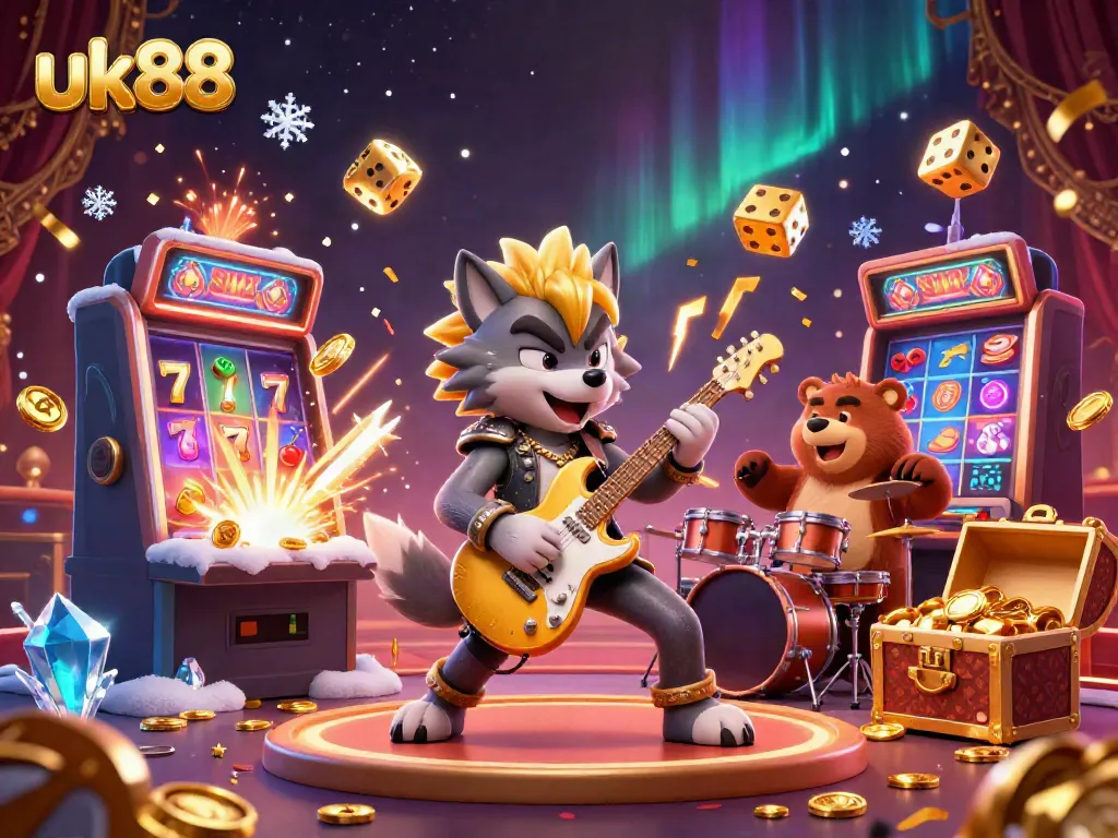 Experience the thrill of uk88 gaming with a vibrant 3D casino illustration featuring a rock star wolf and drummer bear.
