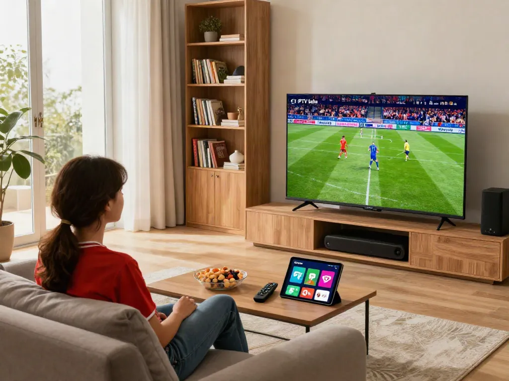 IPTV Italia entertainment setup with 4K TV and cozy living room atmosphere