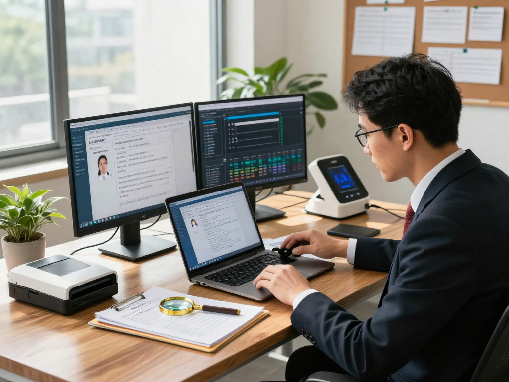 Document fraud detection workspace with investigator analyzing digital data, tools, and verification software for secure processing.