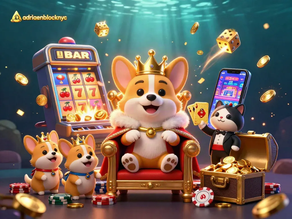 Engage with adriaenblocknyc's unique gaming scene featuring a royal corgi amidst dynamic casino elements.