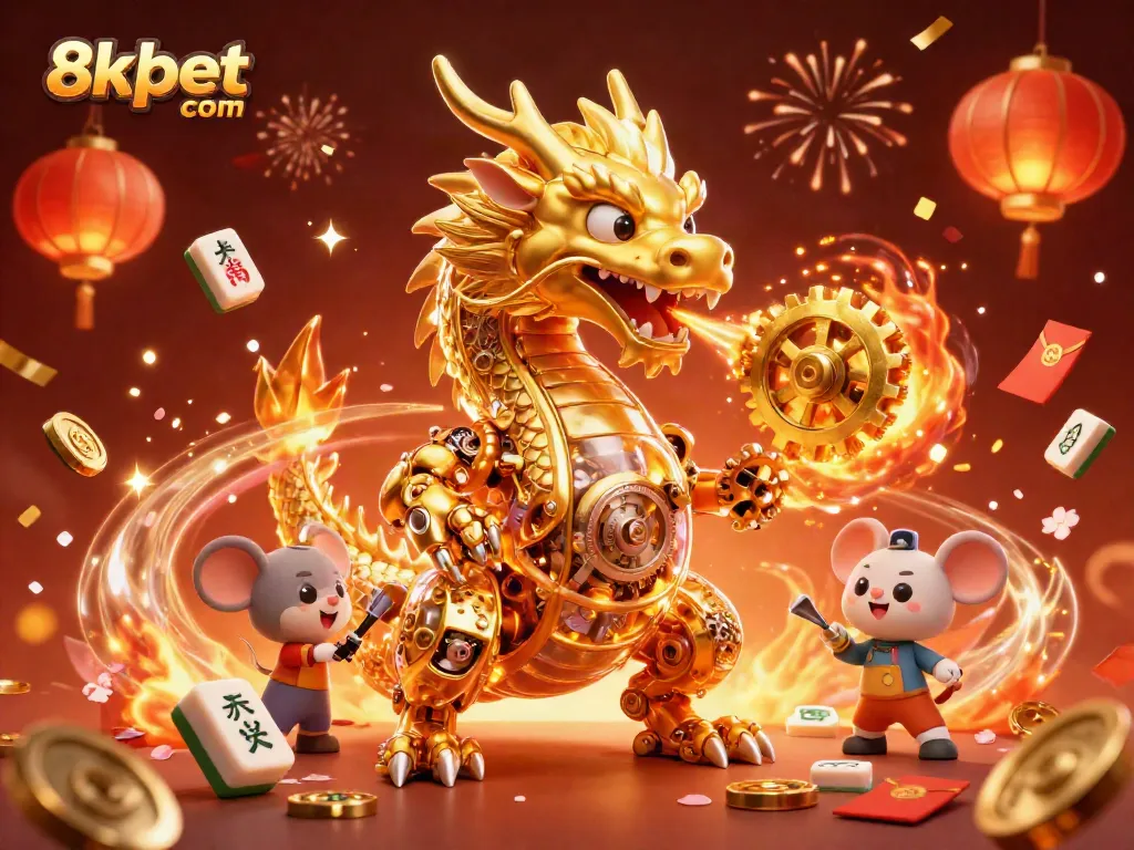 Engage with the vibrant world of 8xbet com featuring a golden dragon and gambling elements.