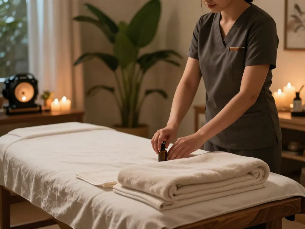 부천출장마사지 in a luxurious wellness room with oils and soft lighting.
