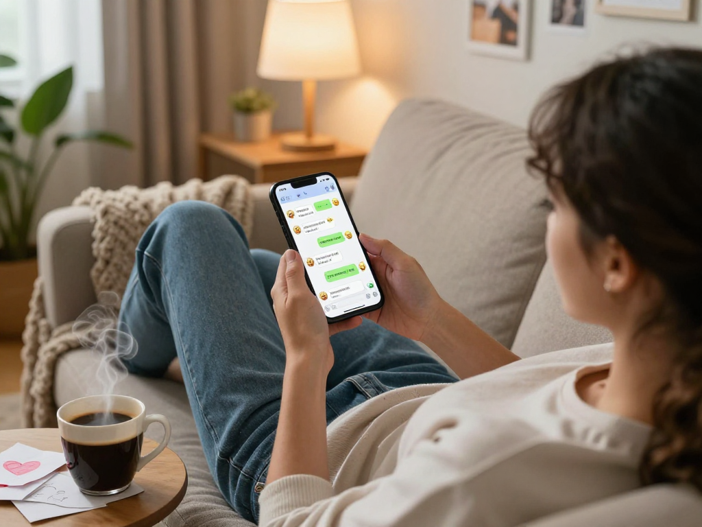 Engaging in a dirty chat AI conversation on a smartphone in a cozy living room, showcasing modern digital interaction.