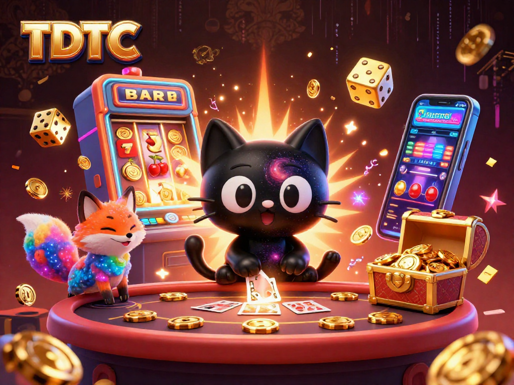 Engage with TDTC as the cartoon black hole cat attracts casino treasures in a cosmic setting.