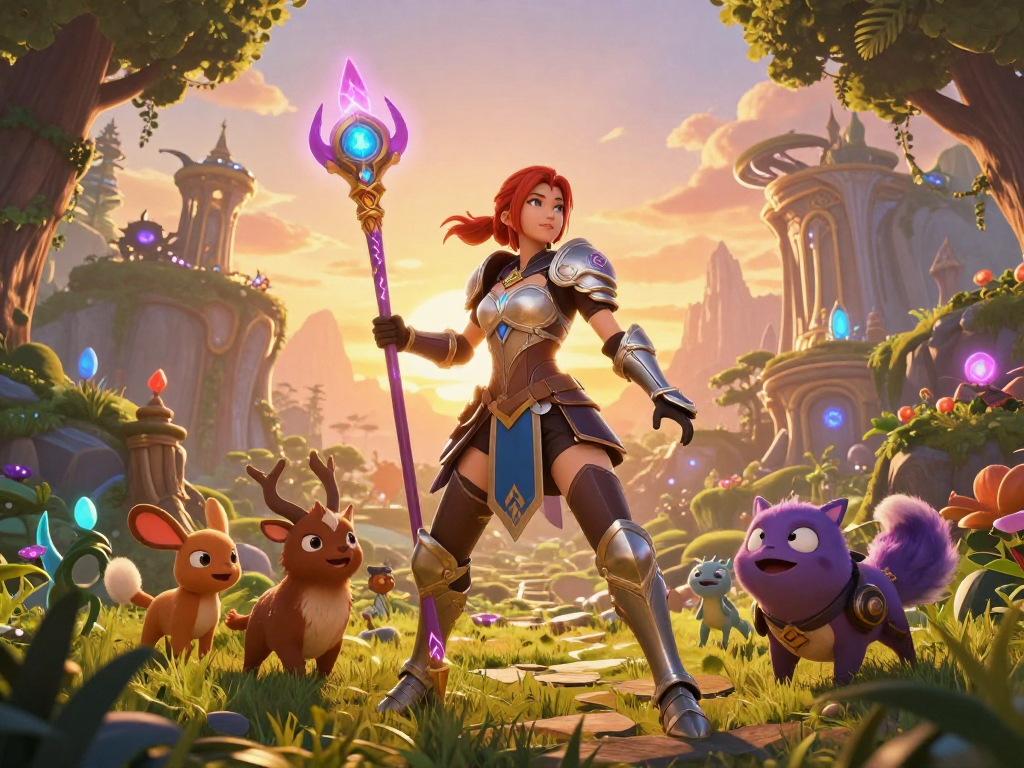 Engaging female avatar in a fantasy landscape portraying excitement in a female porn game adventure.